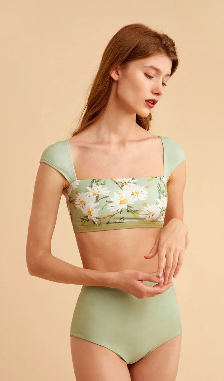 Spring Floral Square-Neck High Waisted Bikini Set