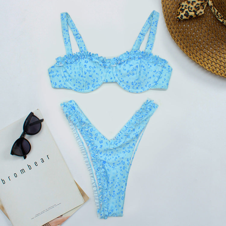 Pink Floral Ruffled V Cut Bikini Bottoms