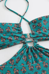 Floral Printed Cutouts Halter One Piece Swimsuit - Green