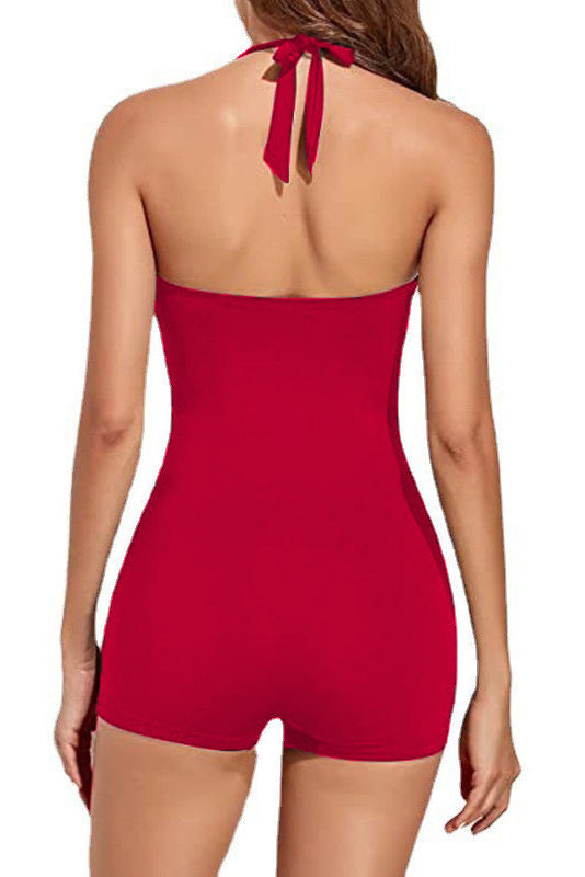 Ladies Halter Neck 1 Piece Bikini Bodysuit Swimwear  - Red