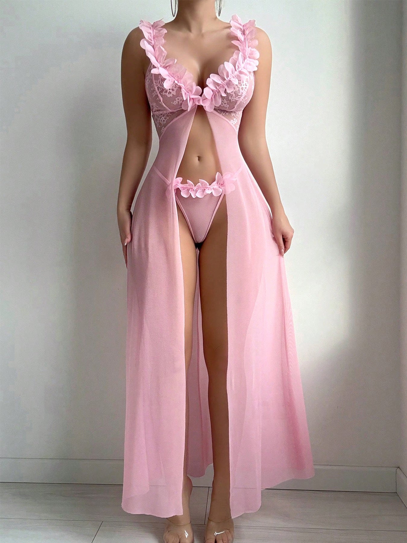 Slit See-through Suspender Skirt Thong Two Piece Set
