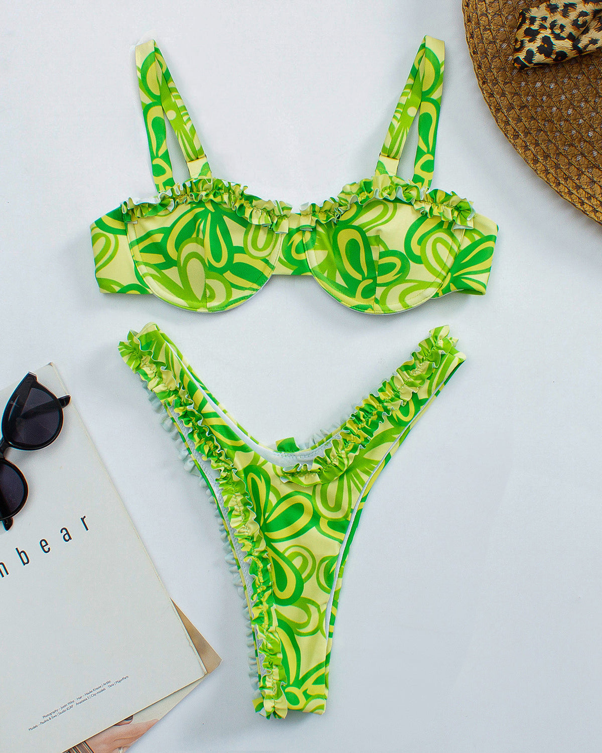 Yellow Floral Ruffled Balconette Underwired Bikini Top