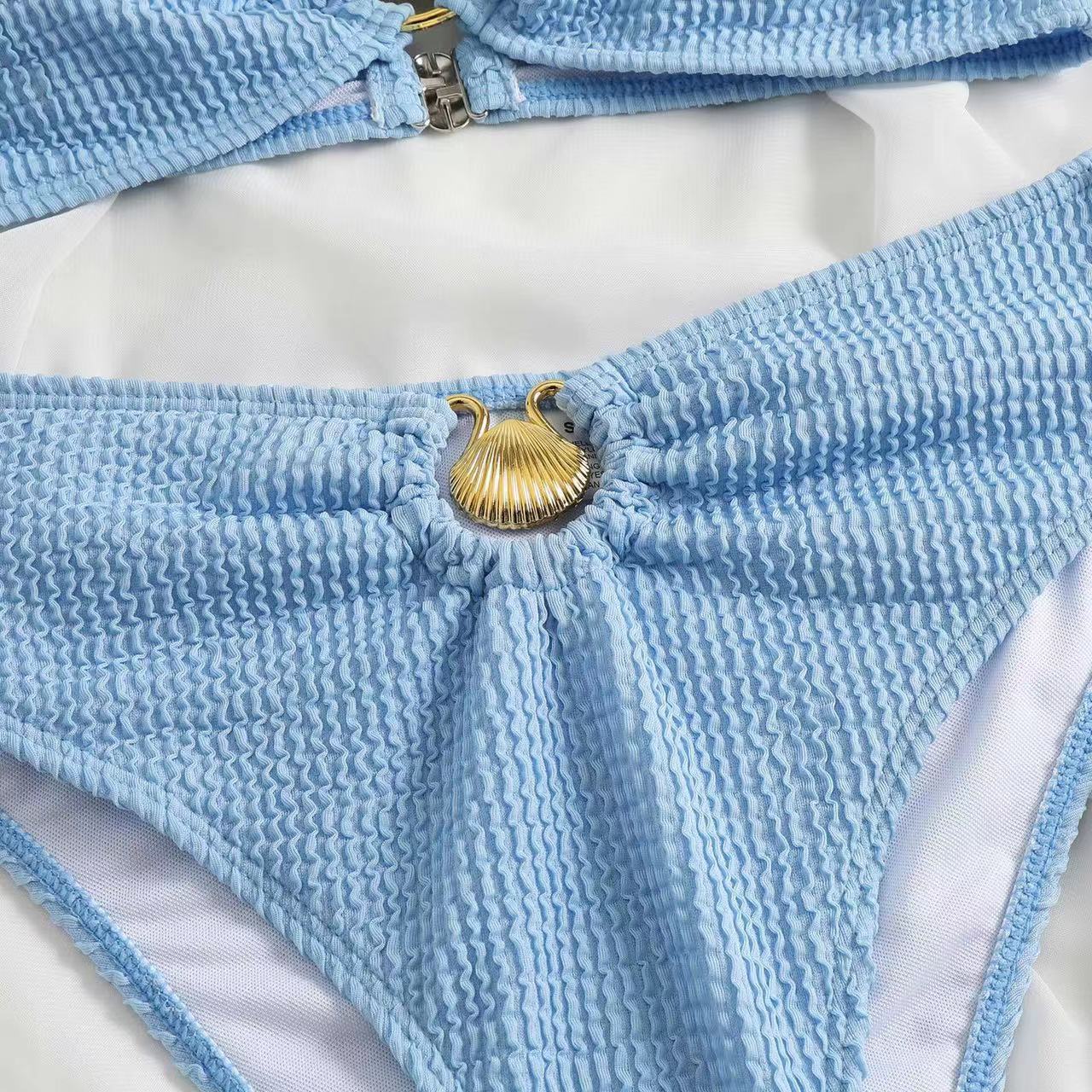 Bandeau Crinkle High Waisted Bikini Set With Gold Shell Detail - Salmon