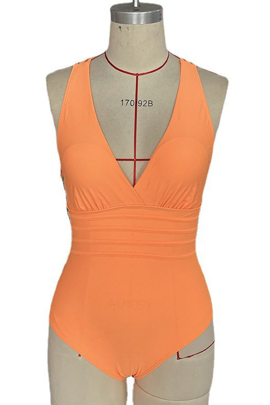 Deep V Neck Straps Tummy Control Ruched One-Piece Swimsuit