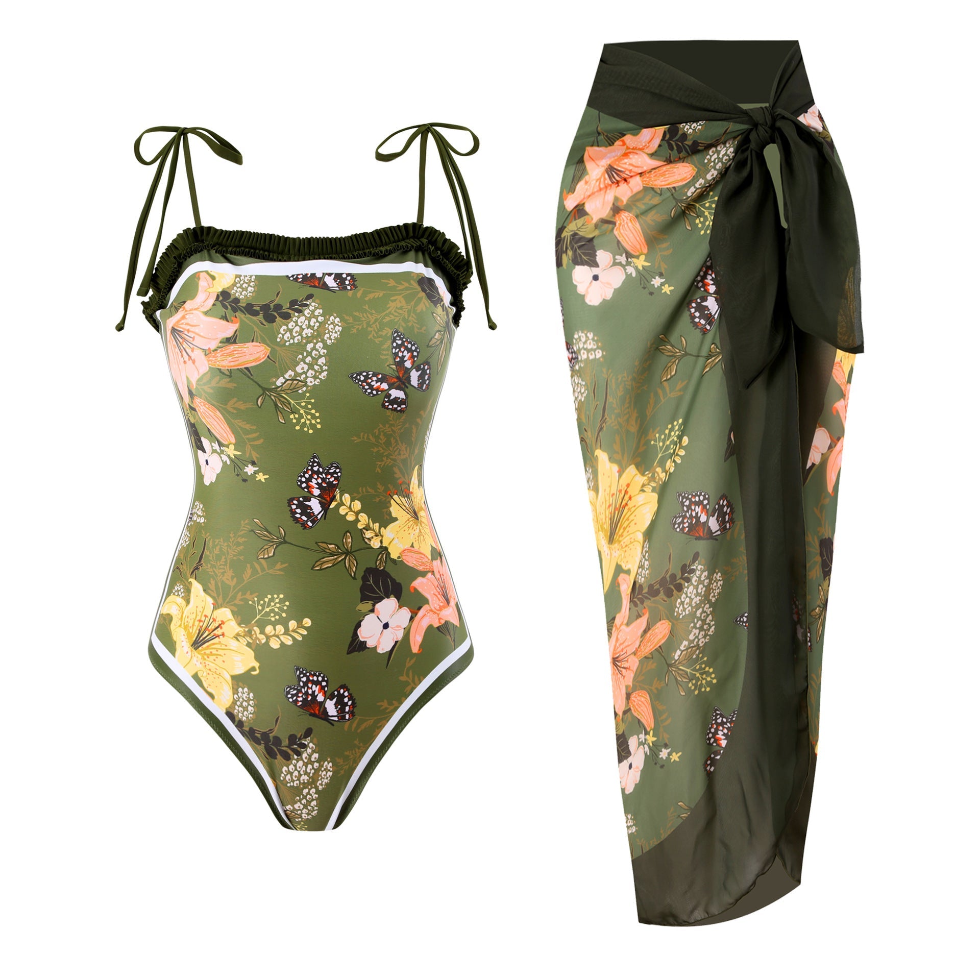 Sexy Bikini Swimsuit Underwire Split Wrap Push up High Waist Bikinis Set - Green