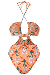 Floral Printed Cutouts Halter One Piece Swimsuit - Orange