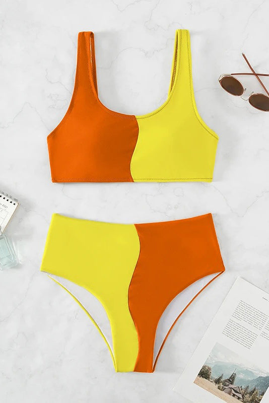 High Waist Round Neck Bandeau Two Piece Bikini