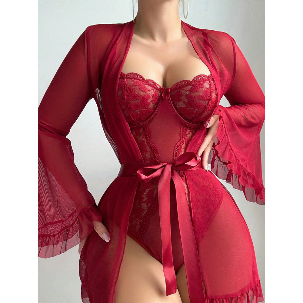 Lace Bodysuit Cape Two Piece Set