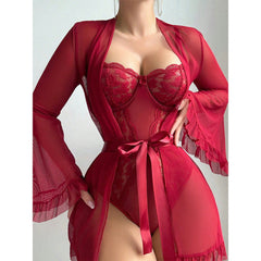 Lace Bodysuit Cape Two Piece Set