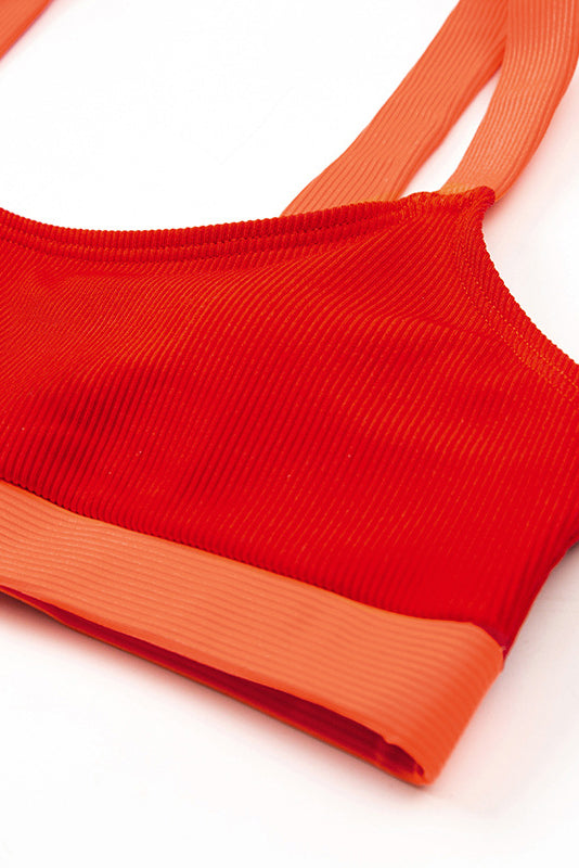 Orange Yellow Blocked Rib High Waisted Bikini Bottom