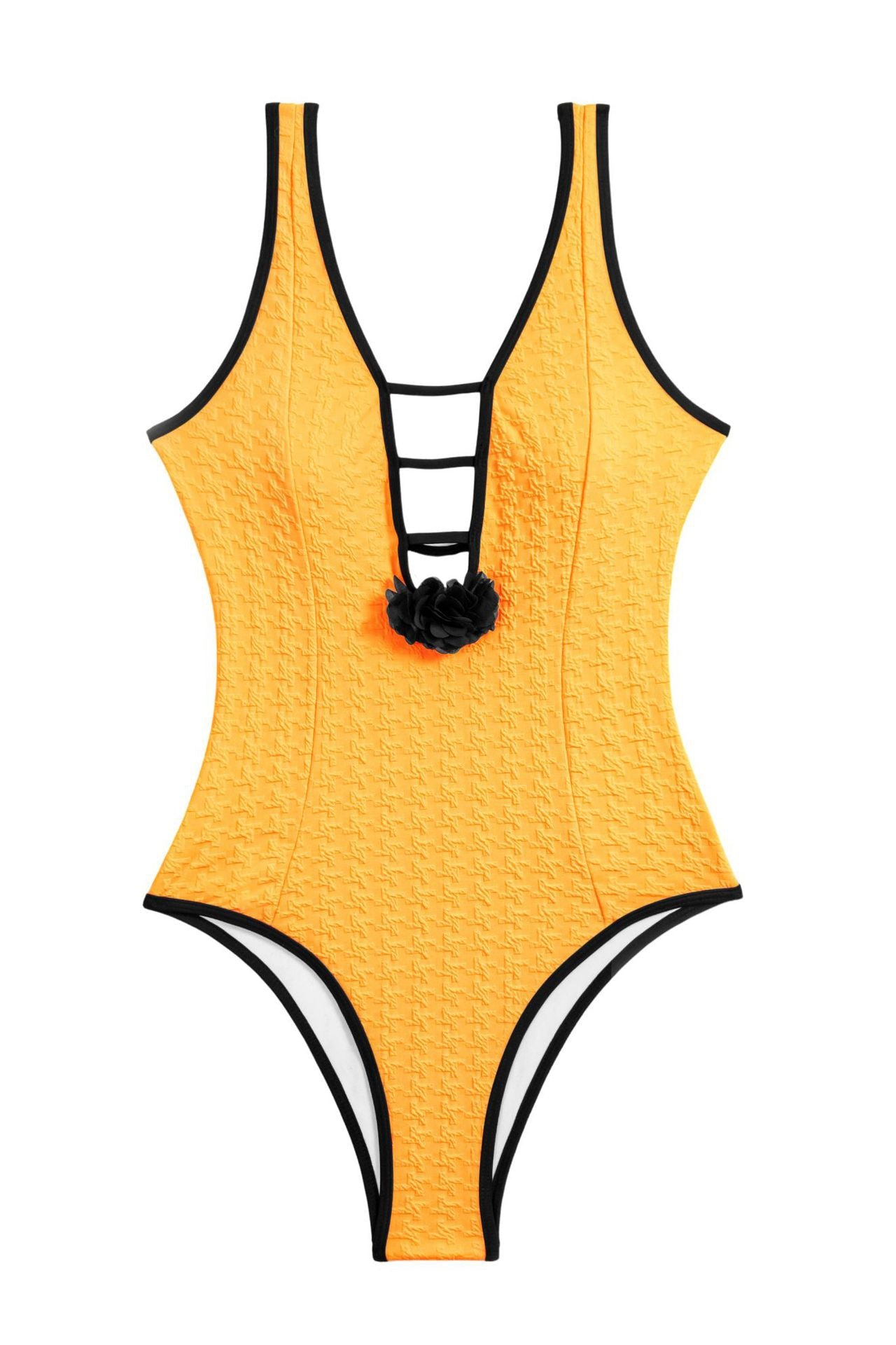 3D Flower Trim Deep V Neck Cutout Textured   One Piece Swimsuit