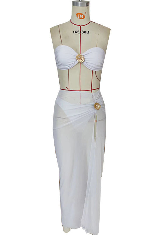 LONG SKIRT WITH HIGH SLIT AND METAL SHELL DECOR
