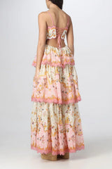 Floral Lace-Trim Midi Dress In Pink