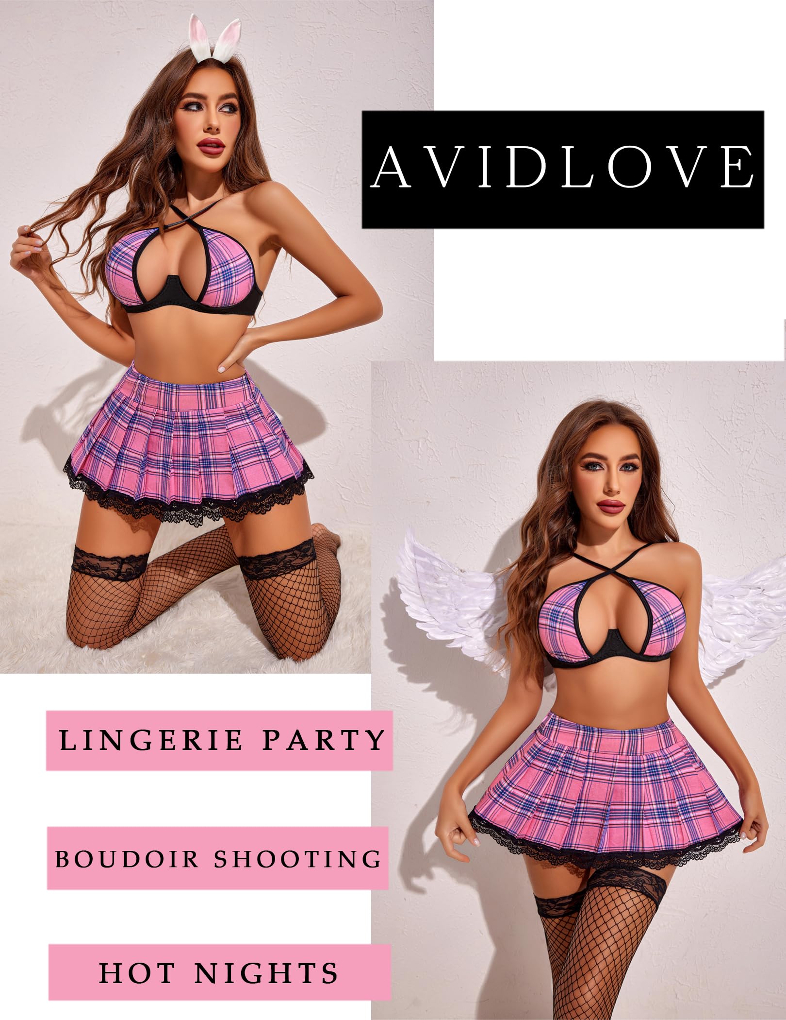 Avidlove Lingerie Set for with Underwire Two Piece Lingerie Sets Outfit Lingerie Set with Lace Mini Pleated Skirt