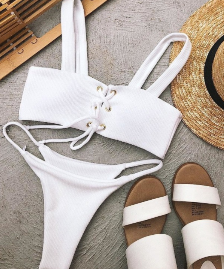 White Ribbed Button Front Bikini Bottoms