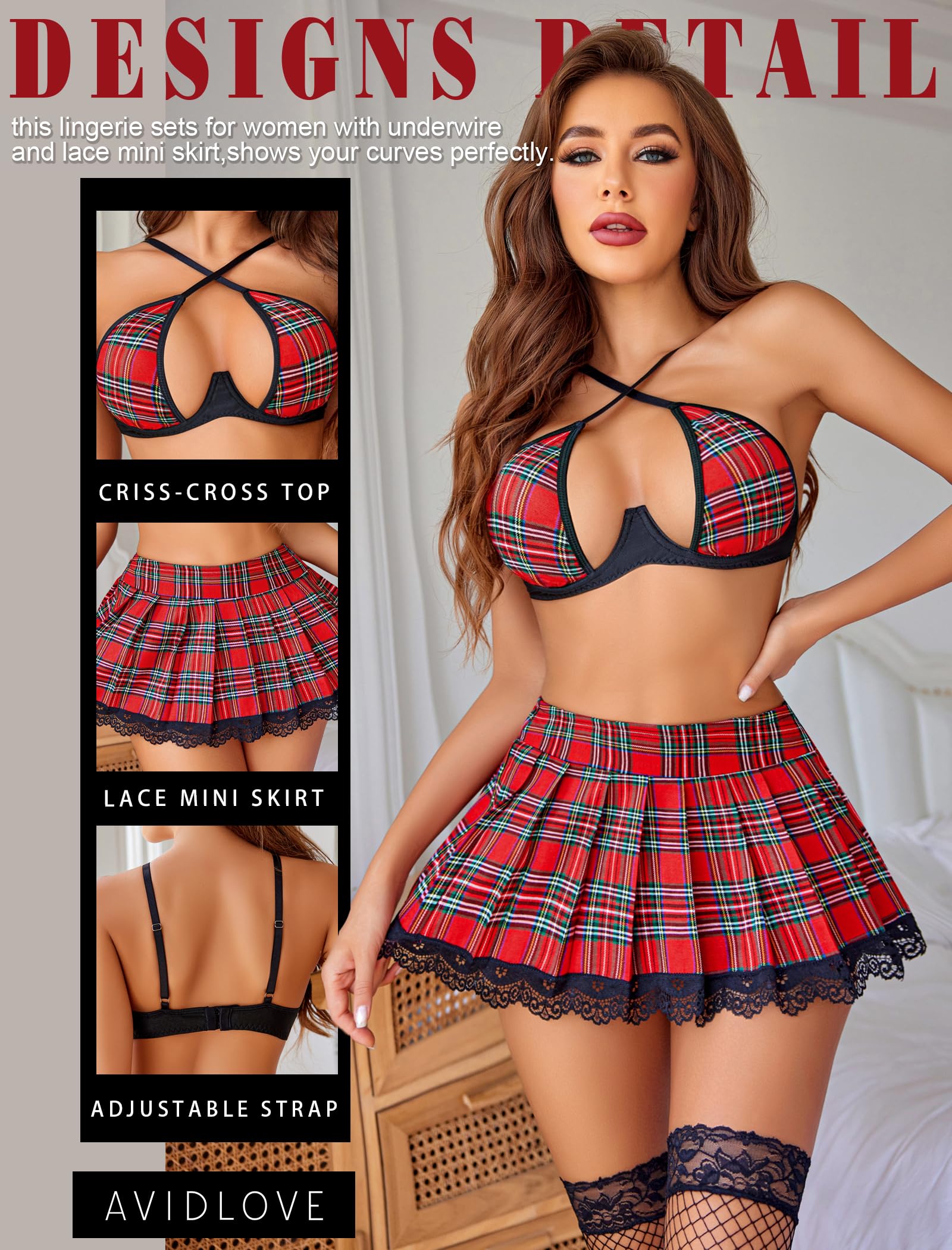 Avidlove Lingerie Set for with Underwire Two Piece Lingerie Sets Outfit Lingerie Set with Lace Mini Pleated Skirt