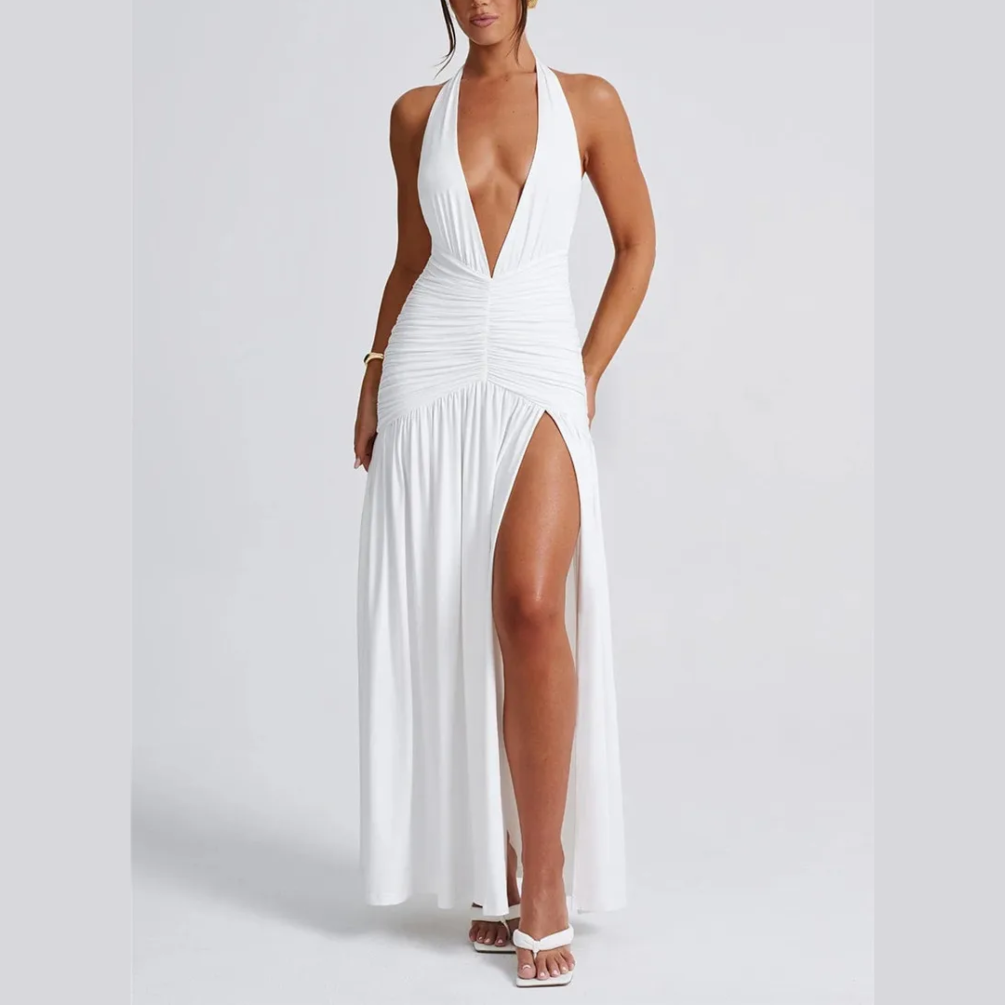 Rosalia - White Deep V Halter Neck Backless Maxi Dress