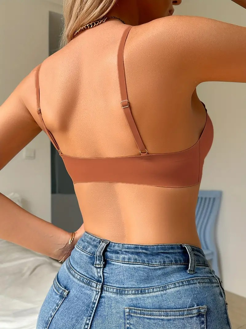 Comfortable Adjustable Straps Deep V Front Button Solid Color Wireless Bra RosyBrown
