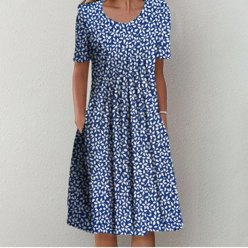Dresses O-neck Knee-length Casual Print Empire Pullover Cotton Loose Women's Clothing Short Sleeve Summer Comfortable Leisure