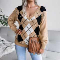 Lunetta - Beige Argyle Knitted V-Neck Sweater Top