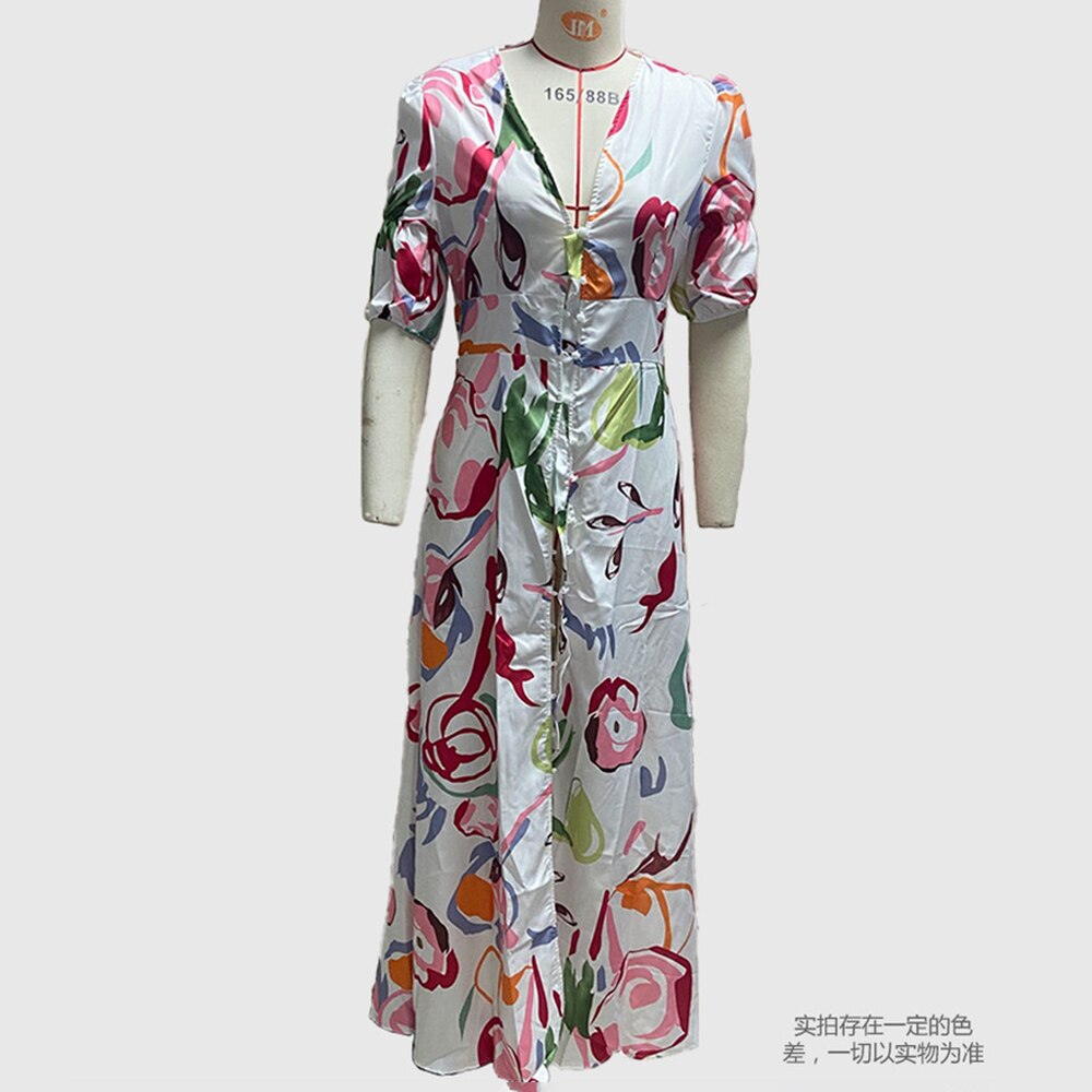 Dresses For Women 2023 Summer Sexy Print Long Maxi Dress Ladies Elegant Button Up Boho Floral Ruffles Pink Robe Vestidos