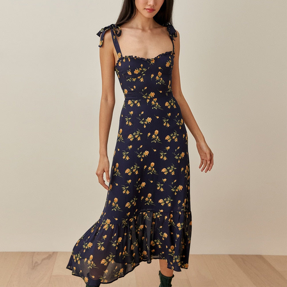 Dresses For Women 2023 Elegant Vintage Floral Dress Frill Sweetheart Neck Sleeveless Strap Tie Ruffle Hem Summer Beach Dress