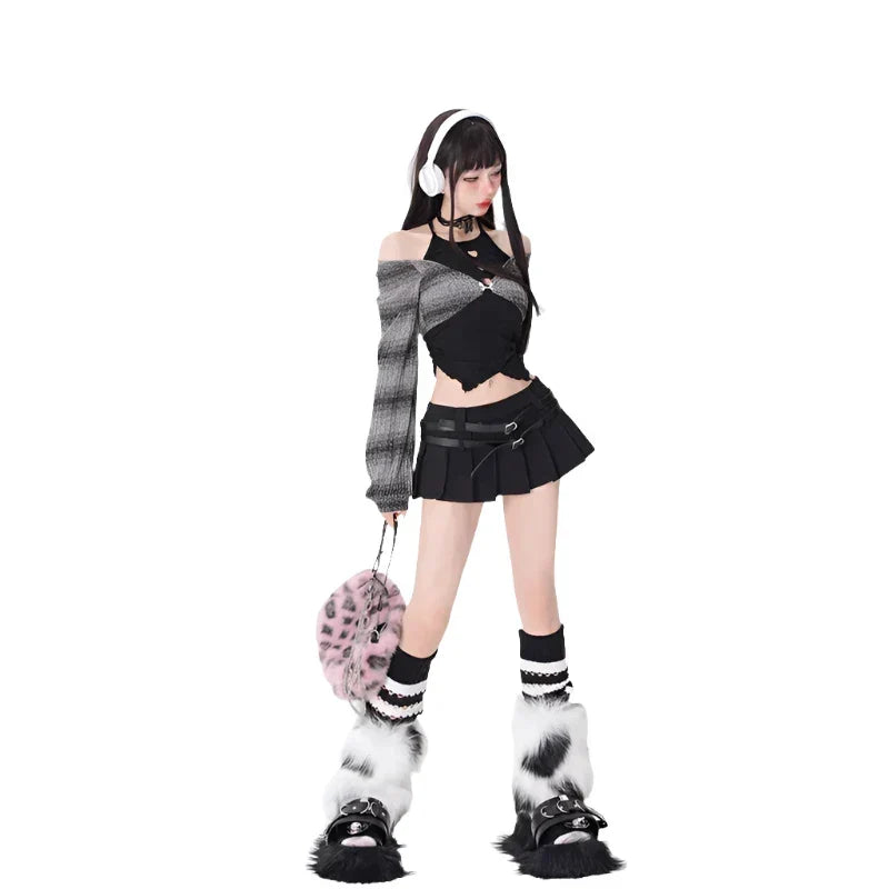 Y2K Kawaii Outfit Set - Short Skirt & Cardigan