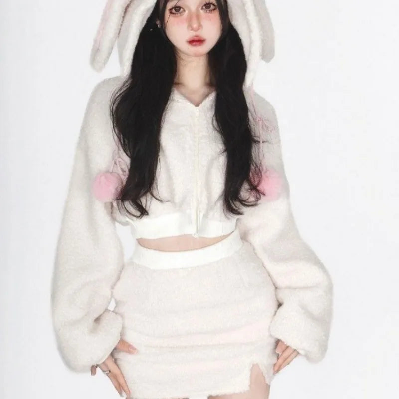 Kawaii Fluffy Rabbit Outfit Set - Hoodie & Skirt