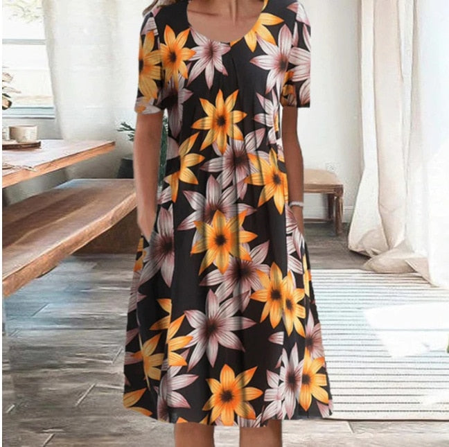 Dresses O-neck Knee-length Casual Print Empire Pullover Cotton Loose Women's Clothing Short Sleeve Summer Comfortable Leisure