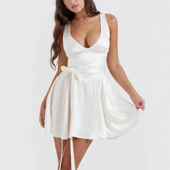 Loretta - White Satin V Neck A Line Dress