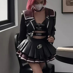 Y2K Biker Outfit Set - Mini Skirt & Short Jacket