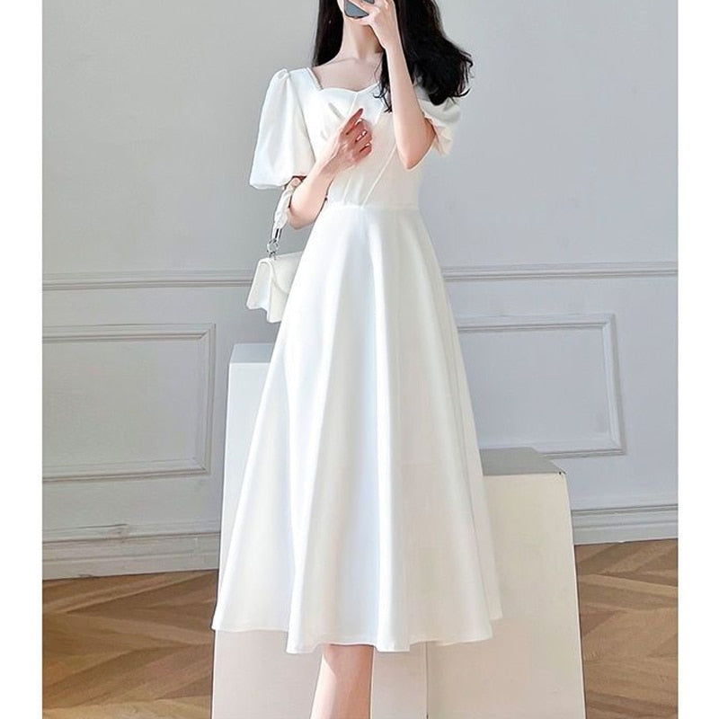 Elegant Chic Beads Square Collar White Party Dresses for Women Summer Ruffled Puff Short Sleeve Slim Fit Fairy Midi Dress Female