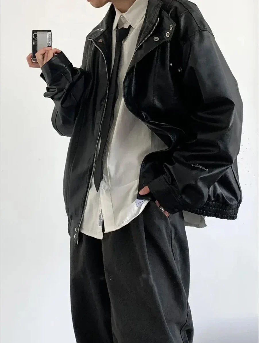 Loose Korean Casual Outfit Set - Leather Jacket, Shirt & Pants