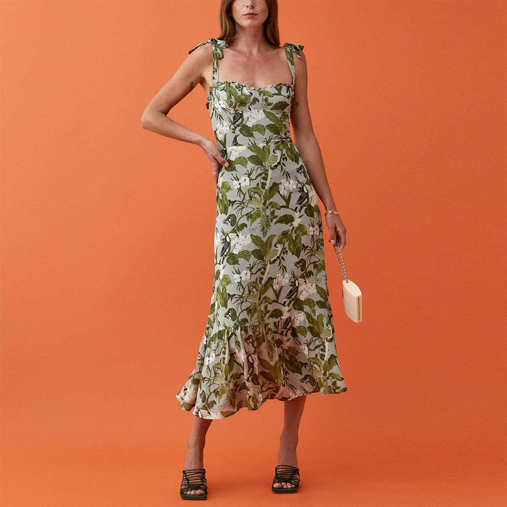 Dresses For Women 2023 Elegant Vintage Floral Dress Frill Sweetheart Neck Sleeveless Strap Tie Ruffle Hem Summer Beach Dress