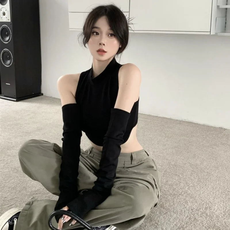 Y2K Dark Outfit Set - Crop Top & Arm Warmers