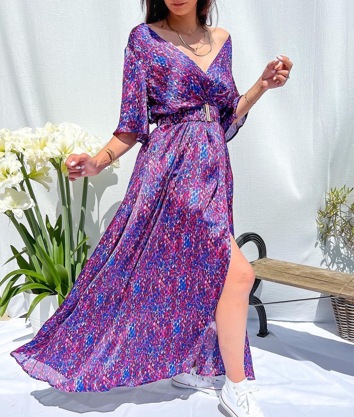 Elegant Casual Long Dress Ruffles Slit A Line Sexy Deep V Neck Print Floral Vestidos Boho Evening Prom Maxi Dress