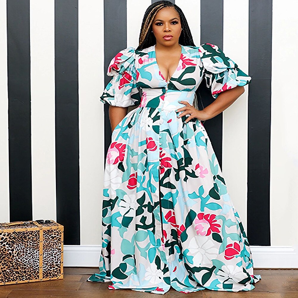 Dresses For Women 2023 Summer Sexy Print Long Maxi Dress Ladies Elegant Button Up Boho Floral Ruffles Pink Robe Vestidos