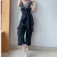 Black Denim Wide Overalls