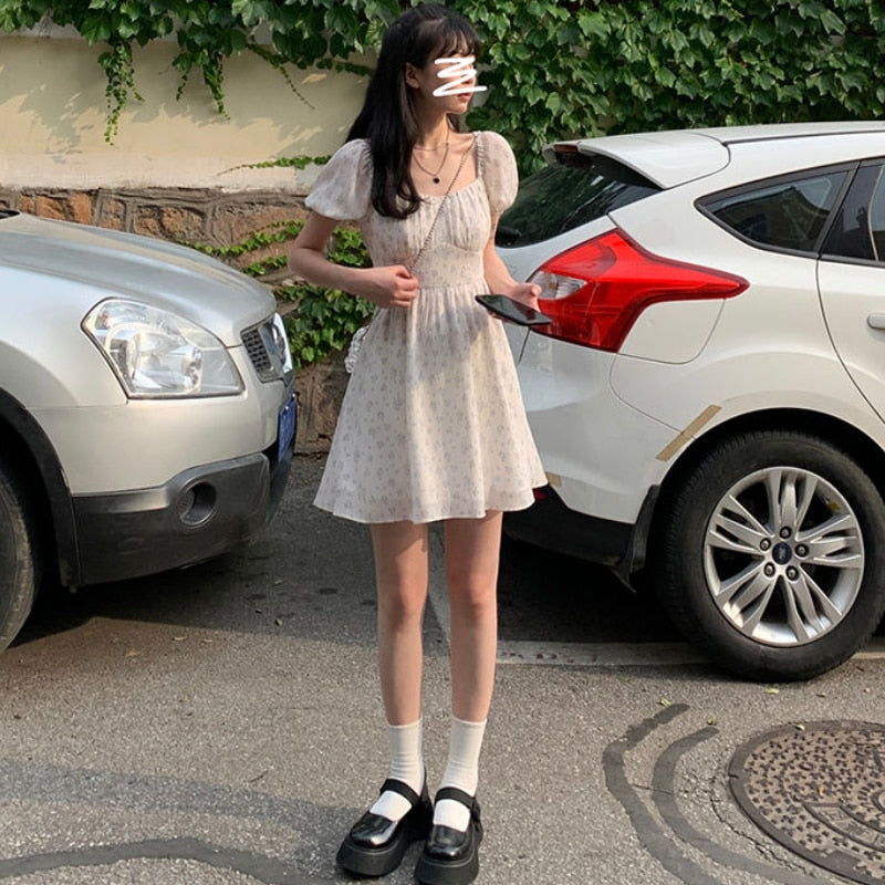 Dresses Women Puff Sleeve Holiday Sundress Hollow Out Floral Design Korean Style College Lovely Simple Trendy Summer Vestidoes