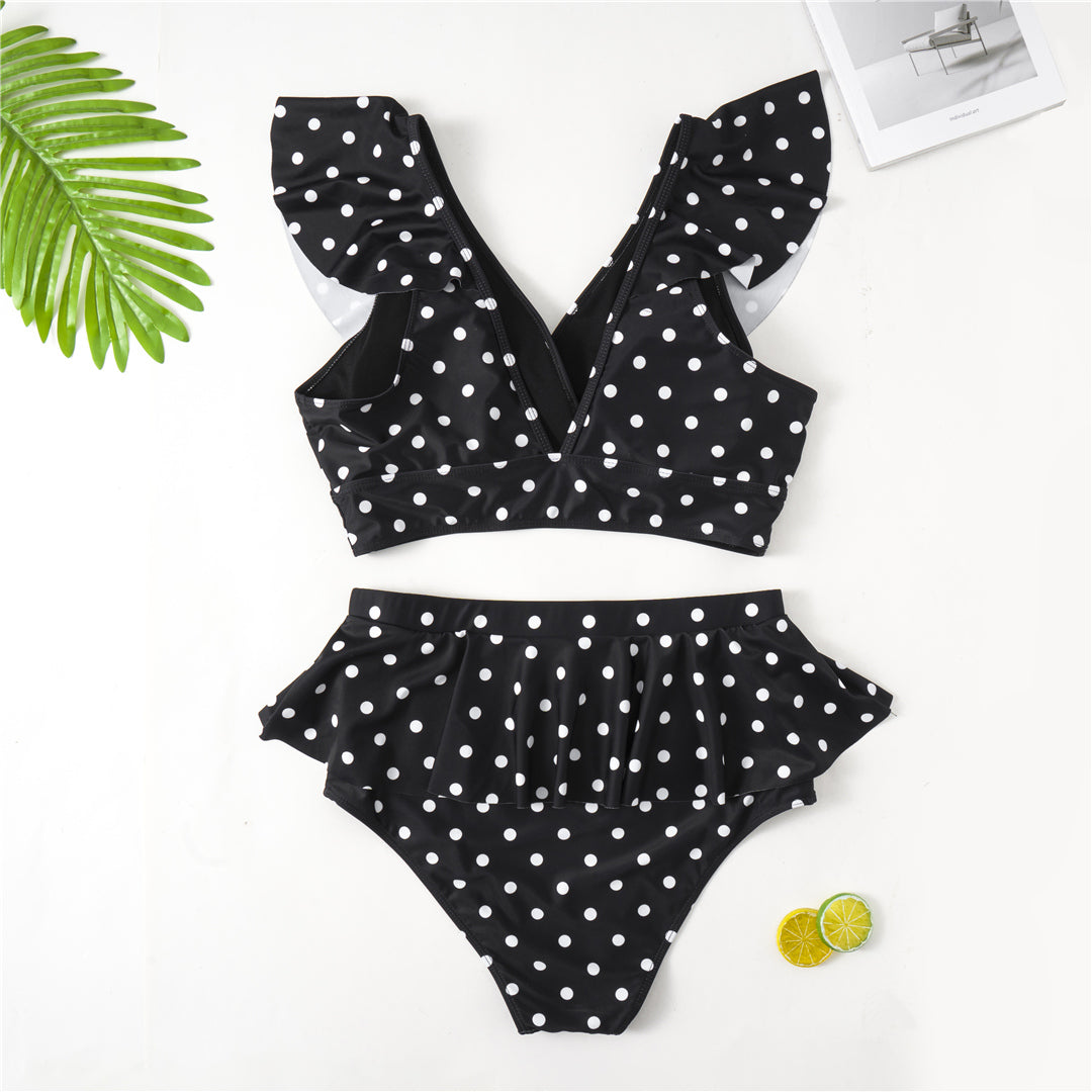 Black Polka Dot Print Ruffle Bikini Set