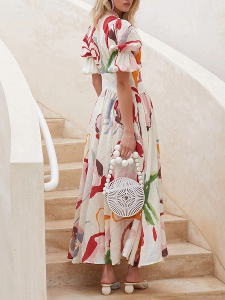 Dresses For Women 2023 Summer Sexy Print Long Maxi Dress Ladies Elegant Button Up Boho Floral Ruffles Pink Robe Vestidos