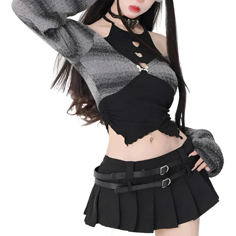 Y2K Kawaii Outfit Set - Short Skirt & Cardigan