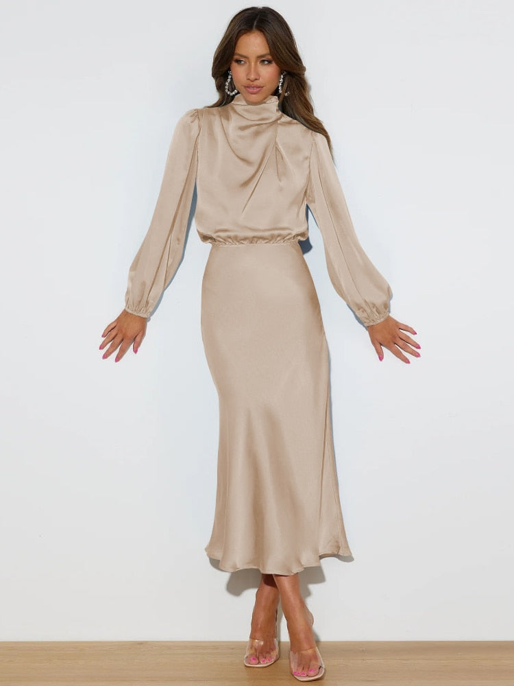 Dresses for Women's 2023 New Autumn Satin Long Sleeves Elegant Party Dresses Korean Fashion LOOSE Long Dresses Women's Clothing