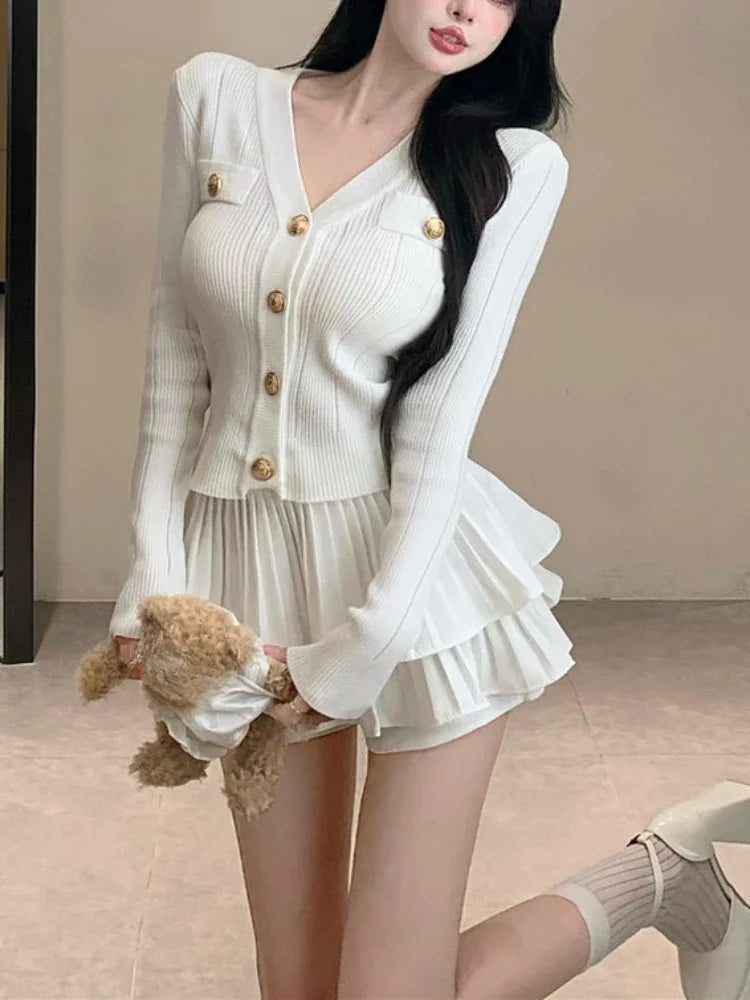 Korean Casual Slim Outfit Set - Cardigan & Mini Skirt
