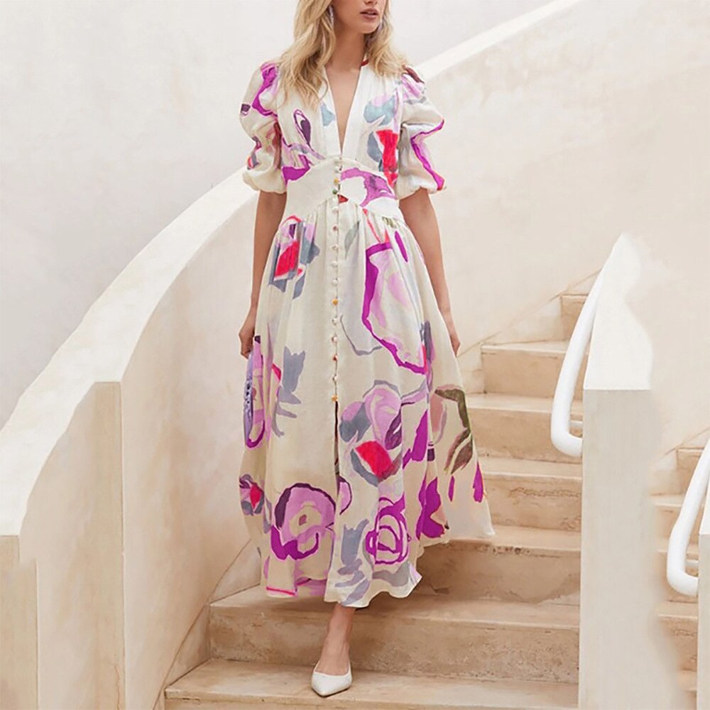 Dresses For Women 2023 Summer Sexy Print Long Maxi Dress Ladies Elegant Button Up Boho Floral Ruffles Pink Robe Vestidos