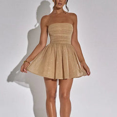 Georgianna - Beige Mesh Strapless Sparkle Mini Dress