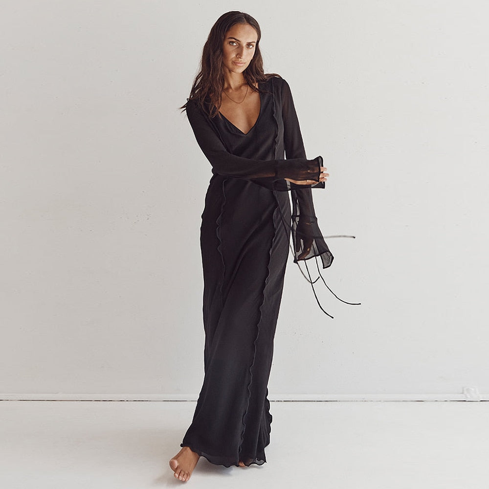 Elegant Black Sheer Beach Dress Women Sexy Flare Sleeve Mesh Tassel Bodycon Summer Dress 2023 Night Party Long Dress Cover-Ups