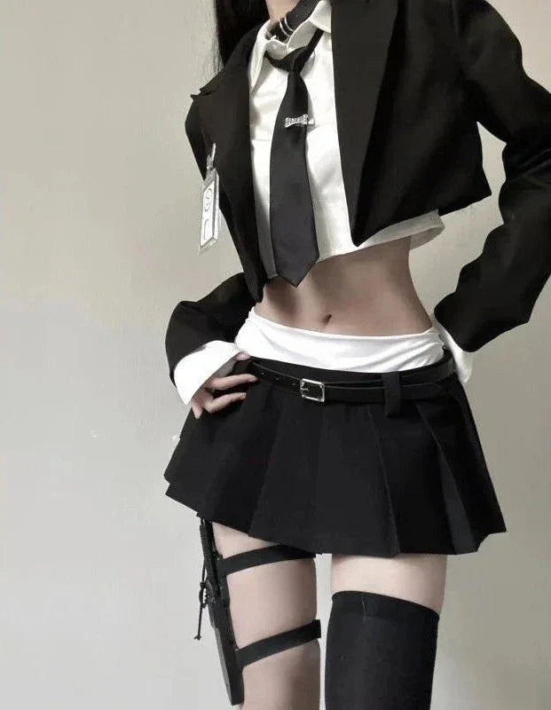 Korean Slim Office Outfit Set - Blazer, Shirt & Mini Skirt