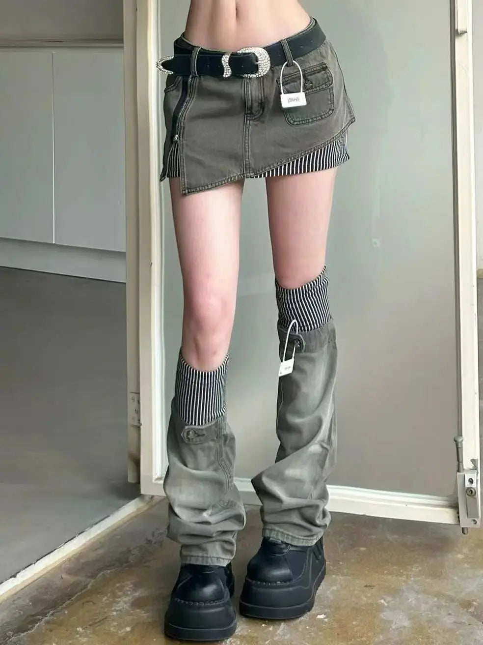 Y2K Denim Outfit Set - Skirt & Leg Warmers