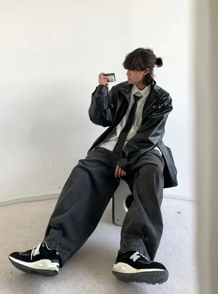 Loose Korean Casual Outfit Set - Leather Jacket, Shirt & Pants